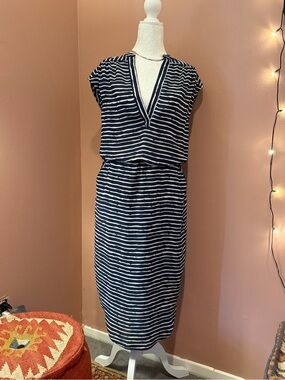Banana Republic Navy & White Striped V-Neck Midi Dress